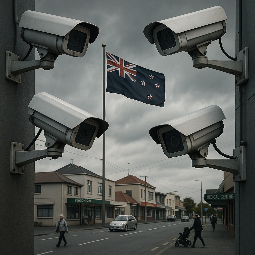 Surveillance state concept showing CCTV monitoring of New Zealand communities