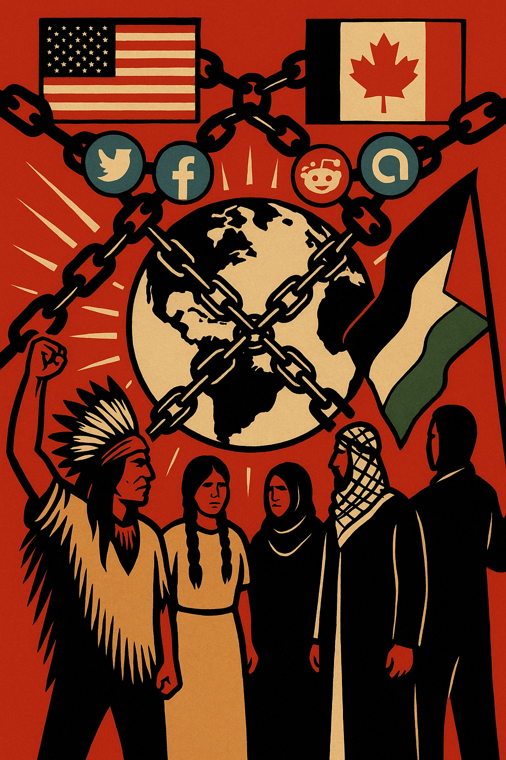 Symbolic illustration of colonial media manipulation and Indigenous solidarity