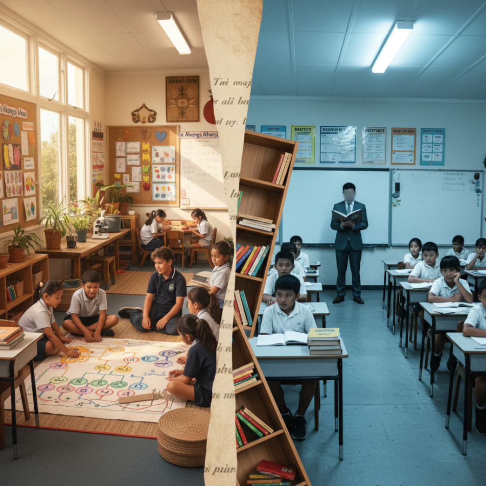 Two visions of education: mauri-enhancing kaupapa that honors mātauranga Māori versus the imported 'knowledge-rich' model that erases Indigenous knowledge.