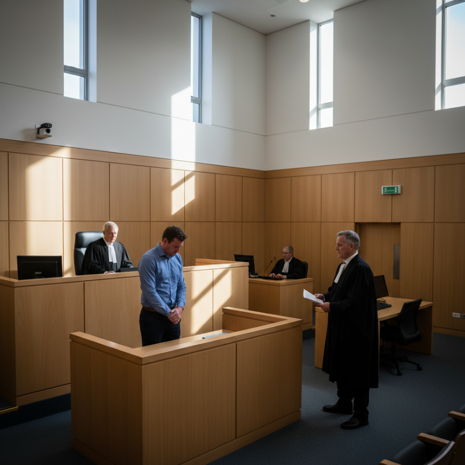 Auckland District Court hearing scene with witness under cross-examination