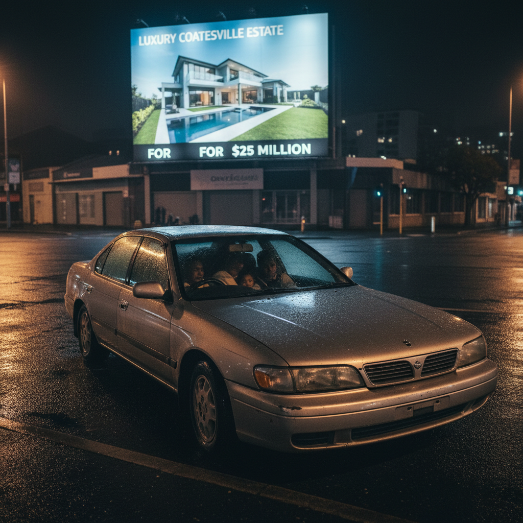 A hyper-realistic, high-contrast photo of a rusted, beat-up sedan parked on a dark Auckland street at night, windows fogged up, with a family sleeping inside, illuminated by the cold neon glow of a nearby 'for sale' sign on a luxury real estate billboard.