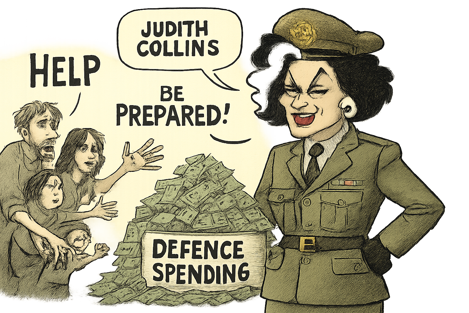 Political cartoon depicting Judith Collins as Cruella de Vil in military context