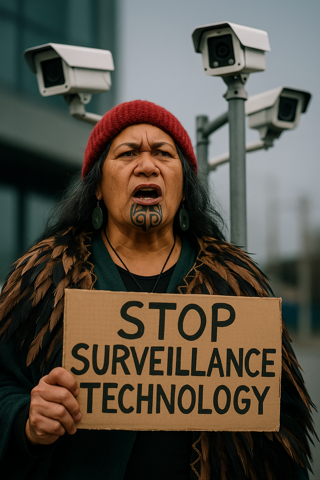 Māori activist protesting digital surveillance and facial recognition technology