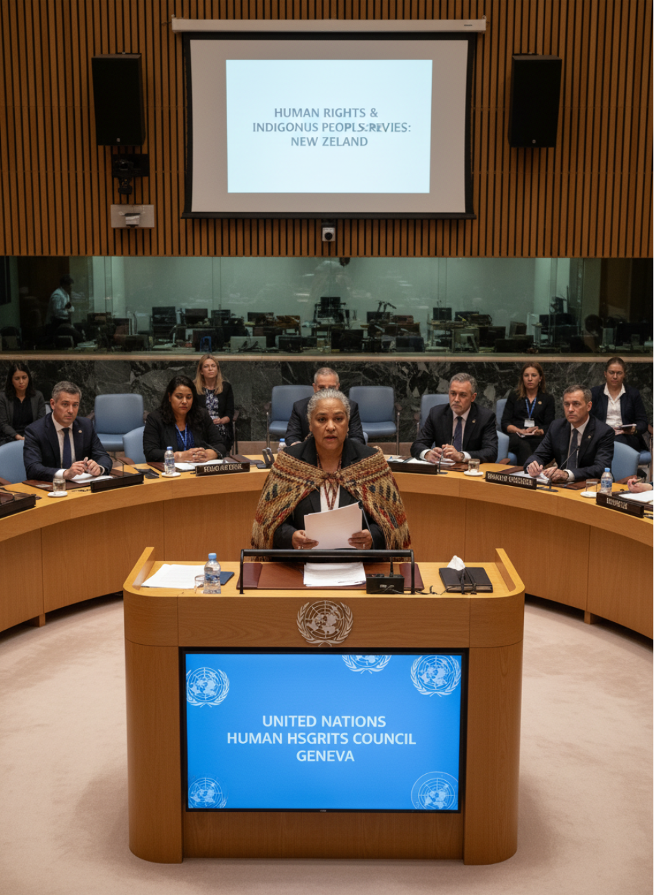 Lady Tureiti Moxon presents her human rights complaint to the UN Committee on the Elimination of Racial Discrimination in Geneva