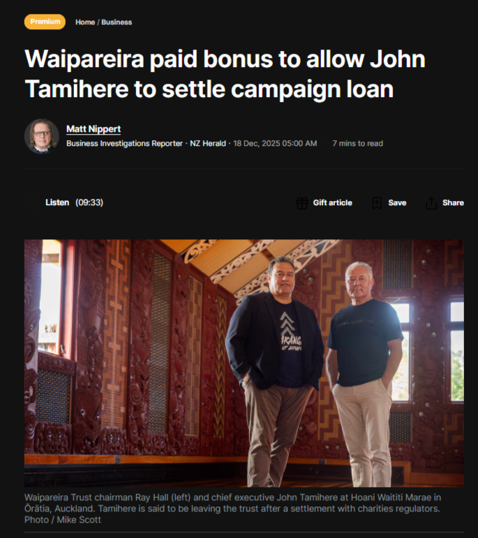 “The $385,307 Shell Game: How Waipareira Paid Its CEO a Bonus to “Repay” Himself” - 18 December 2025
