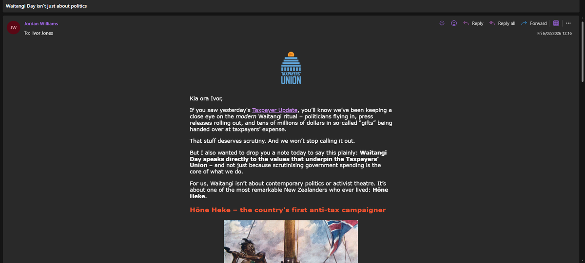 "Jordan Williams and Elliot Ikilei Try to Chop Down Te Tiriti:  The Atlas Puppets with Plastic Axes at Waitangi" - 6 Febrruary 2026