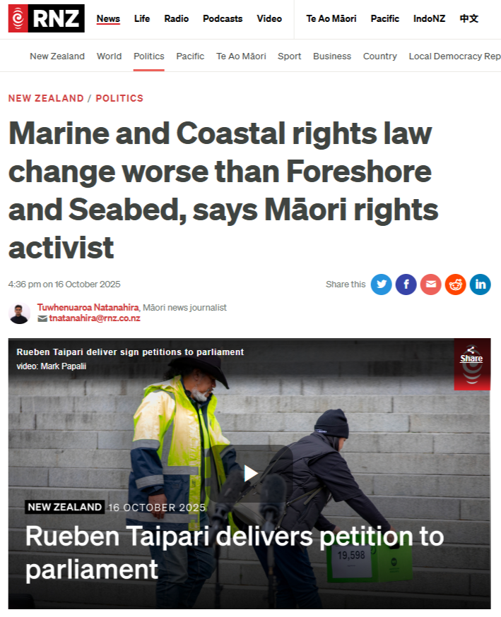“Marine and Coastal Rights Law Changes: A Direct Attack on Māori Mana” - 17 October 2025