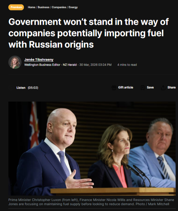 "Putin's Petrol in Your Ute: How the Luxon Government Launders Blood Money Through an Indian Refinery and Calls It Energy Security" - 30 March 2026