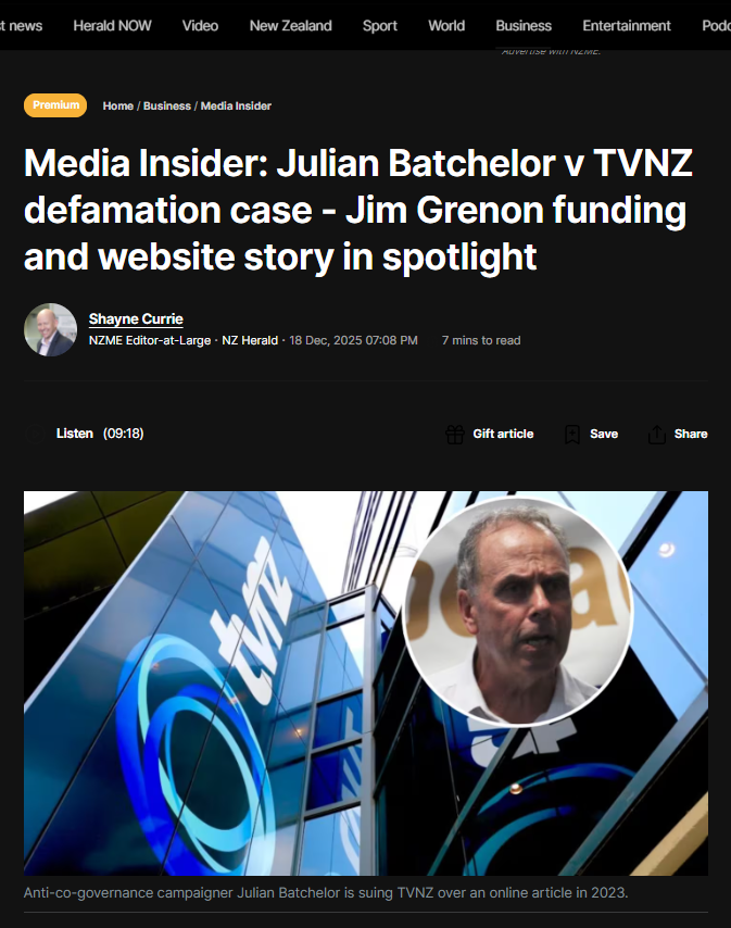 “How Billionaire Jim Grenon’s Litigation Gambit Exposes the Corruption of New Zealand’s Media Democracy” - 19 December 2025