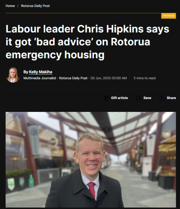 "The "Bad Advice" Excuse - Chris Hipkins Dodges Responsibility for Labour's Emergency Housing Disaster" - 30 June 2025