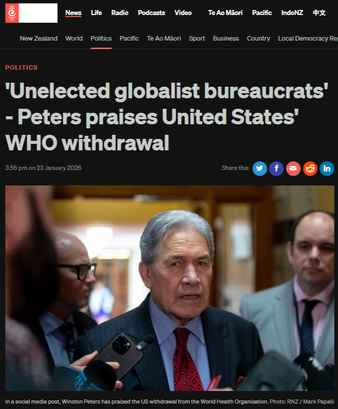 “Winston Peters’ Reckless Attack on the WHO: A Dangerous Embrace of Trumpian Populism That Betrays New Zealand’s Global Health Interests” - 25 Janauary 2026